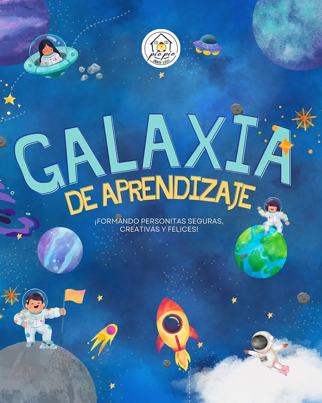 Illustrated Galaxia de Aprendizaje poster with astronauts and planets